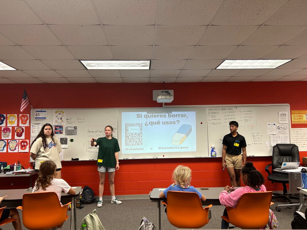 Group of people in a classroom, with some text projected on the whiteboard.